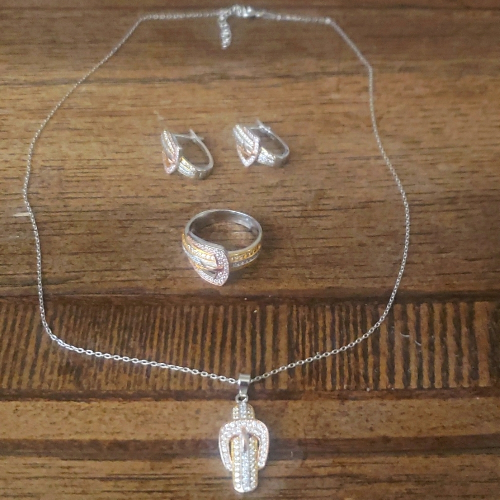 Modern Sterling Silver 14 Karat Gold Plated Earrings, Necklace ,Pendant& Ring